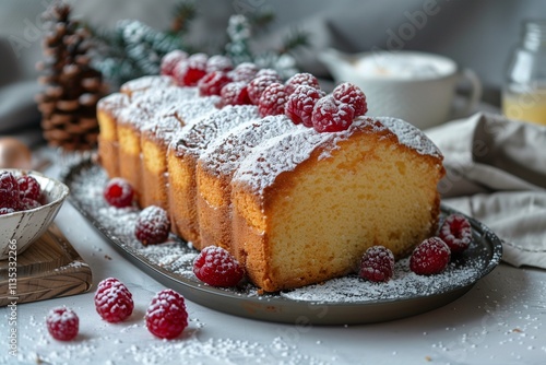 Christmas homemade cake with raspberries.