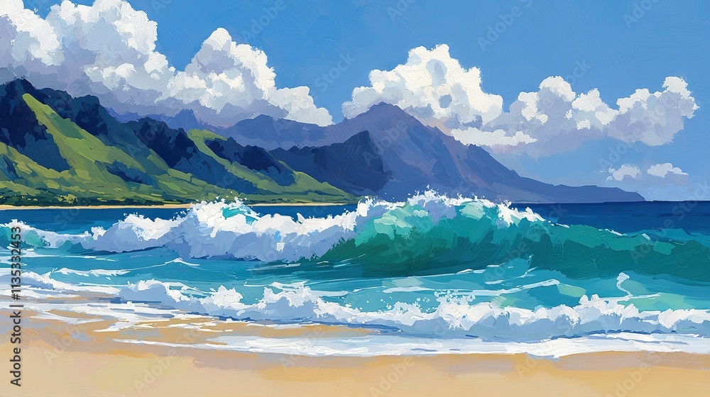 Naklejka premium A painting depicts a beach, wave approaching, and distant mountain with cloudy sky