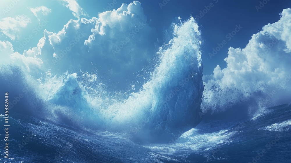 Naklejka premium Ocean waves crash against a rock, bright sky.