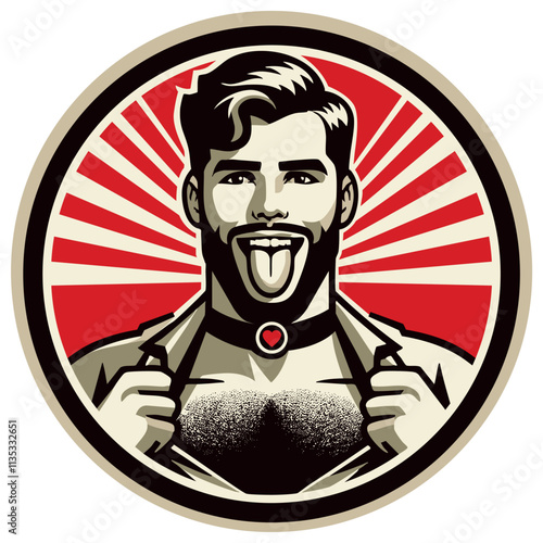 Bearded gay man with hairy chest in leather collar in circle stuck out tongue.. Round graphic male symbol (vector)