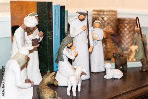 Nativity Scene on Bookshelf at Christmas