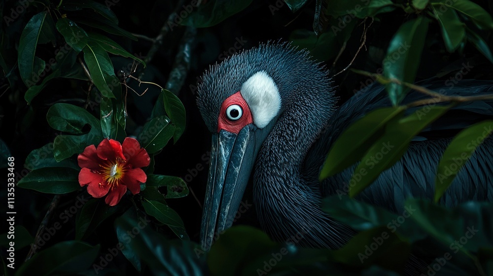 Naklejka premium A bird perched on a tree branch, surrounded by floral foliage