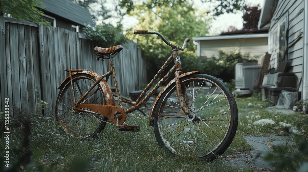 Rusty bicycle abandoned in overgrown yard. Rusty bicycle abandoned in overgrown yard.