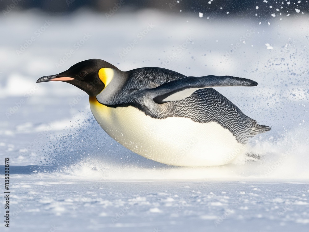 Fototapeta premium Penguin sliding on snow. AI.