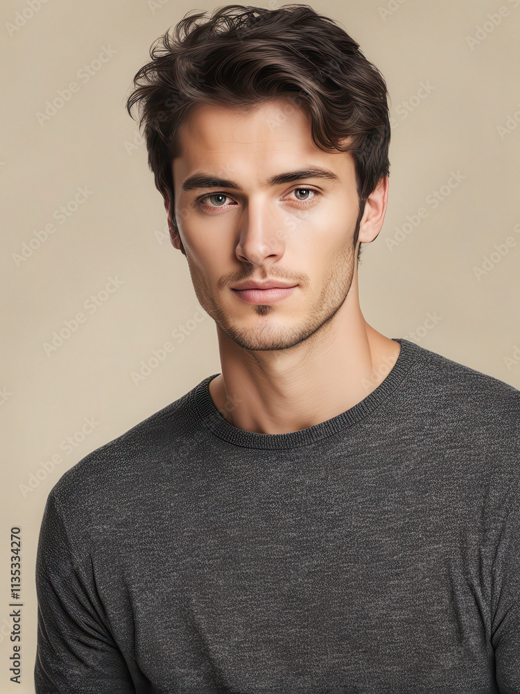 A realistic portrait of a young man with short dark hair, wearing a casual gray sweater, looking confidently into the camera with soft lighting on a neutral background. Generative AI A realistic portrait of a young man with short dark hair, wearing a casual gray sweater, looking confidently into the camera with soft lighting on a neutral background. Generative AI