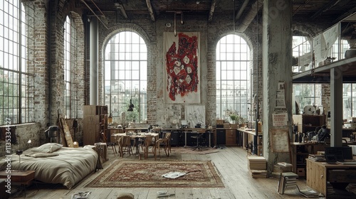 A minimalist workspace with sleek black furniture, white walls, and a vibrant abstract painting as the centerpiece
