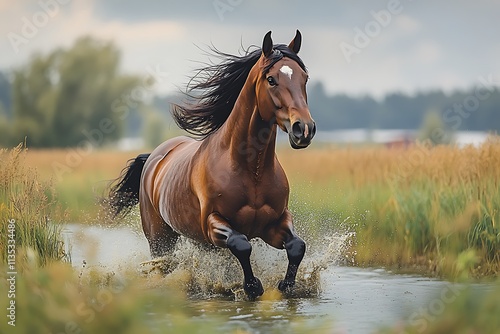 Brown horse running across lush green pasture mane flying in the wind summer day on the farm photo