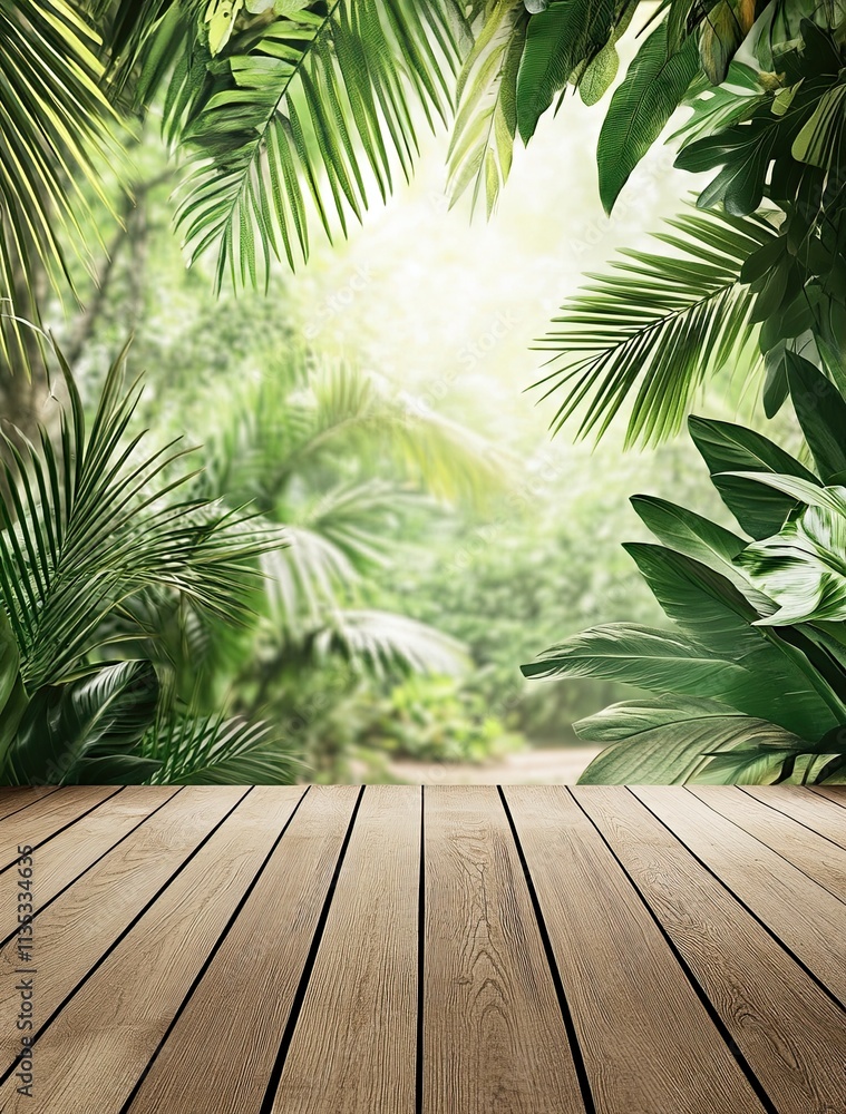 A wooden floor with green palm leaves on the sides, a photo backdrop for photography A wooden floor with green palm leaves on the sides, a photo backdrop for photography