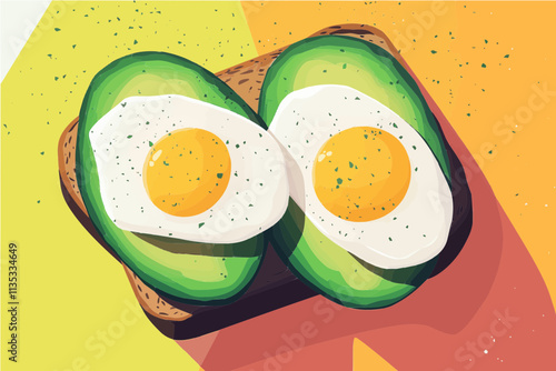 Avocado Toast with Fried Eggs: A vibrant, stylized illustration of a delicious avocado toast topped with two perfectly fried eggs.  The image is perfect for food blogs, recipe websites.