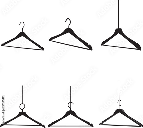 Six black triangle coat hangers in various orientations