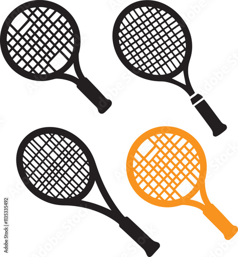 Four tennis rackets in black and orange silhouette