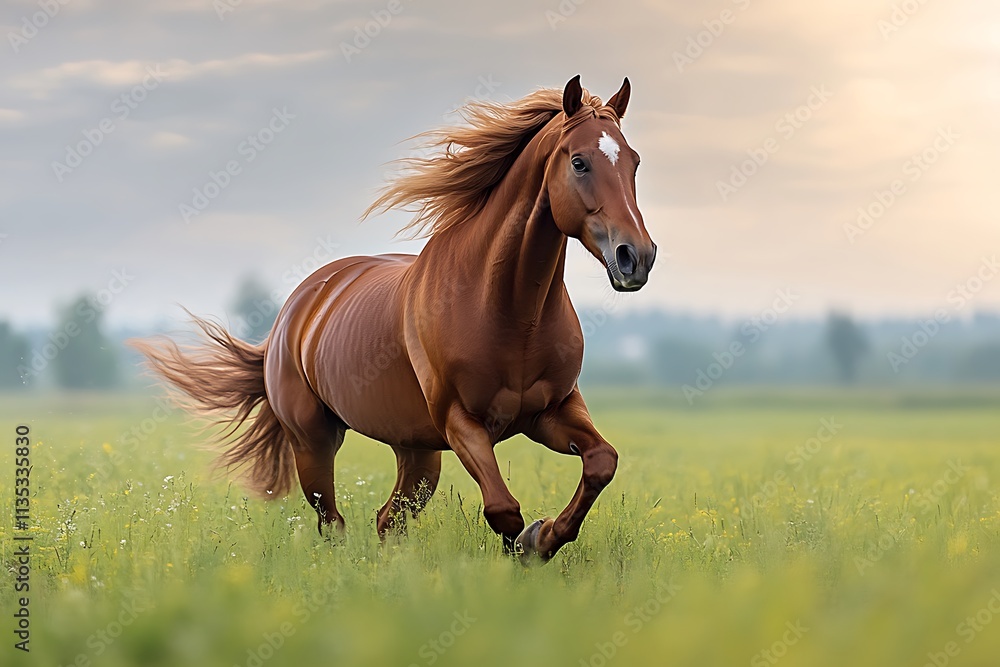 Fototapeta premium Brown horse running across bright green field flowing mane vibrant summer nature