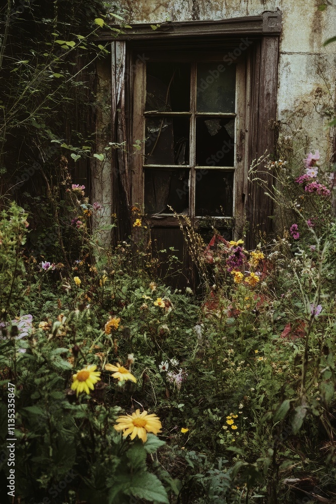 Overgrown flowers conceal a broken, old window. Overgrown flowers conceal a broken, old window.