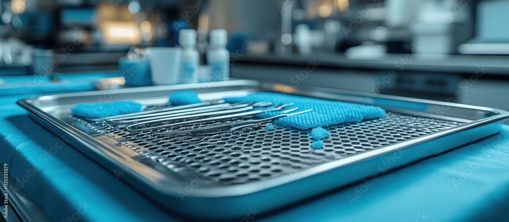 Sterile dental instruments on a tray. Sterile dental instruments on a tray.