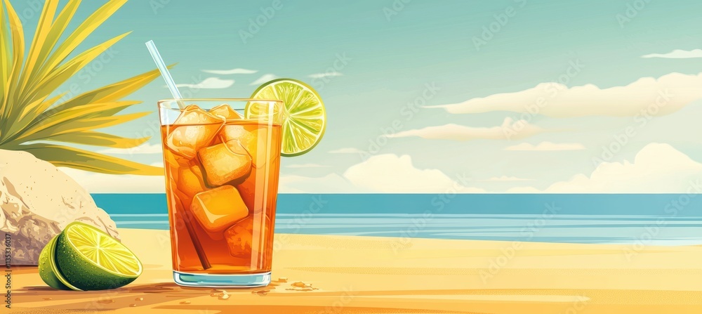 Obraz premium Refreshing Iced Tea with Lime on Sandy Beach Background for Summer Design