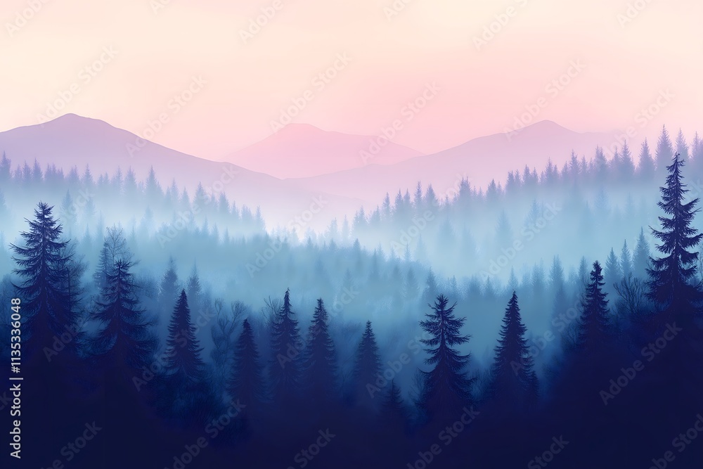 Obraz premium Misty landscape with fir forest in hipster vintage retro style