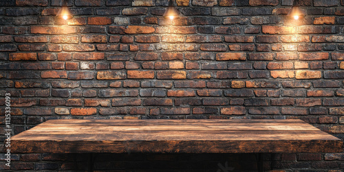 A rustic wooden table is illuminated by warm lights, positioned in front of a textured brick wall. The cozy ambiance suggests a welcoming space, ideal for gatherings or meals.