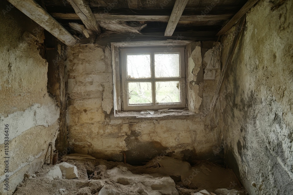 Damaged room, window, decaying walls, debris. Damaged room, window, decaying walls, debris.