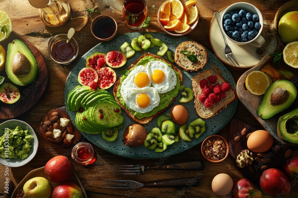 Vibrant Brunch Table with Avocado Toast and Fresh Fruit in Natural Light Vibrant Brunch Table with Avocado Toast and Fresh Fruit in Natural Light