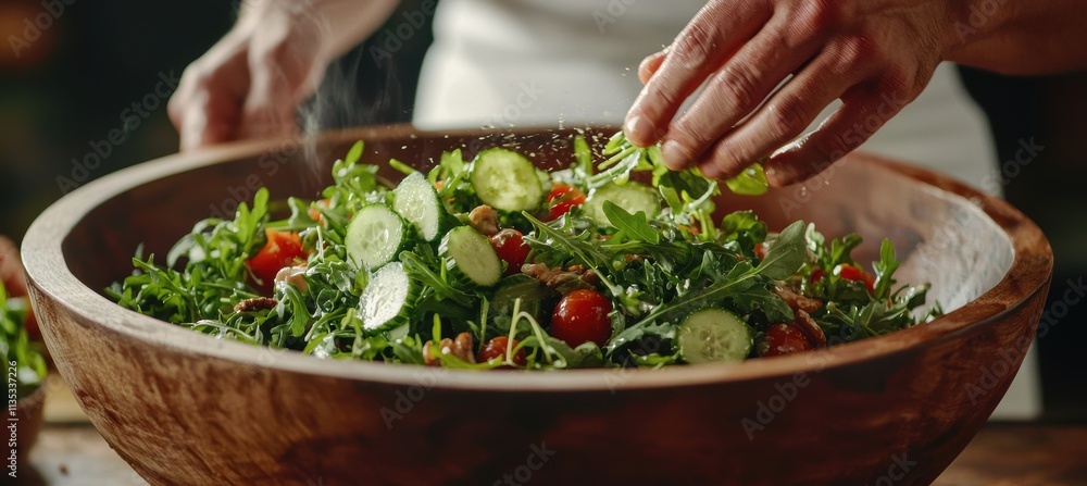 Chef Tossing Fresh Green Salad with Arugula, Cucumber, and Cherry Tomatoes in Wooden Bowl Chef Tossing Fresh Green Salad with Arugula, Cucumber, and Cherry Tomatoes in Wooden Bowl