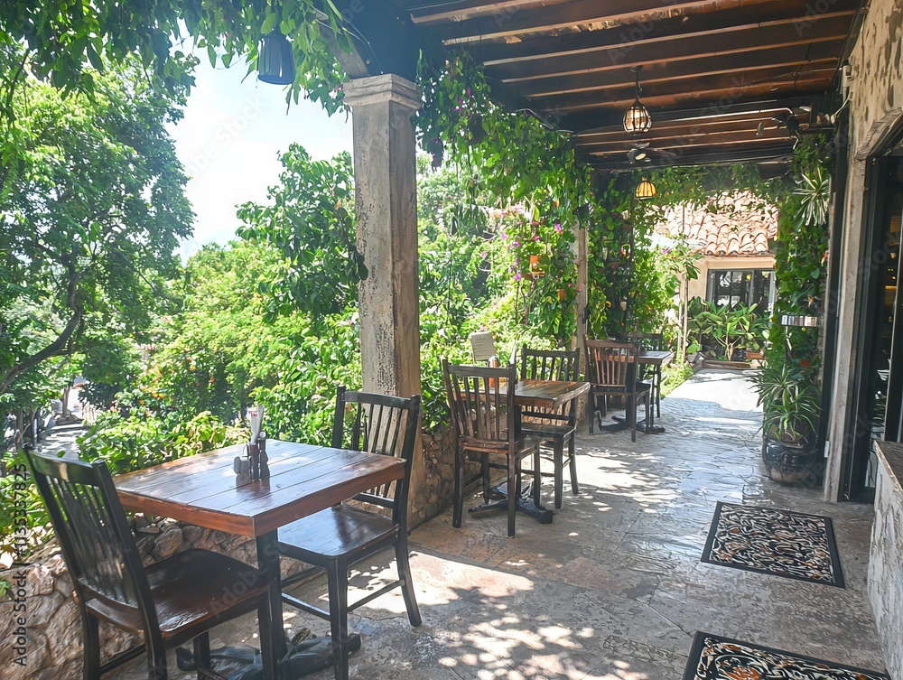 Fototapeta premium Cozy outdoor dining area surrounded by lush greenery and vibrant plants.