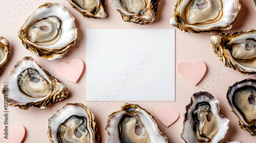 Romantic Valentine day oyster bar menu mockup with heart decorations. Horizontal banner. Copy space. White poster surrounded by oysters on a pink background. Top view photo