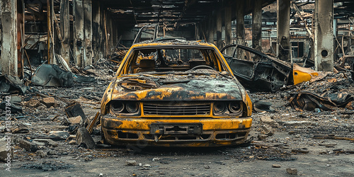 A fire-damaged garage with a burnt vehicle, surrounded by a deteriorating structure and scattered debris, illustrating the aftermath of the disaster.