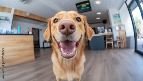A cheerful golden retriever with a wide smile stands in a well-lit indoor area, welcoming visitors with its friendly demeanor and playful spirit.