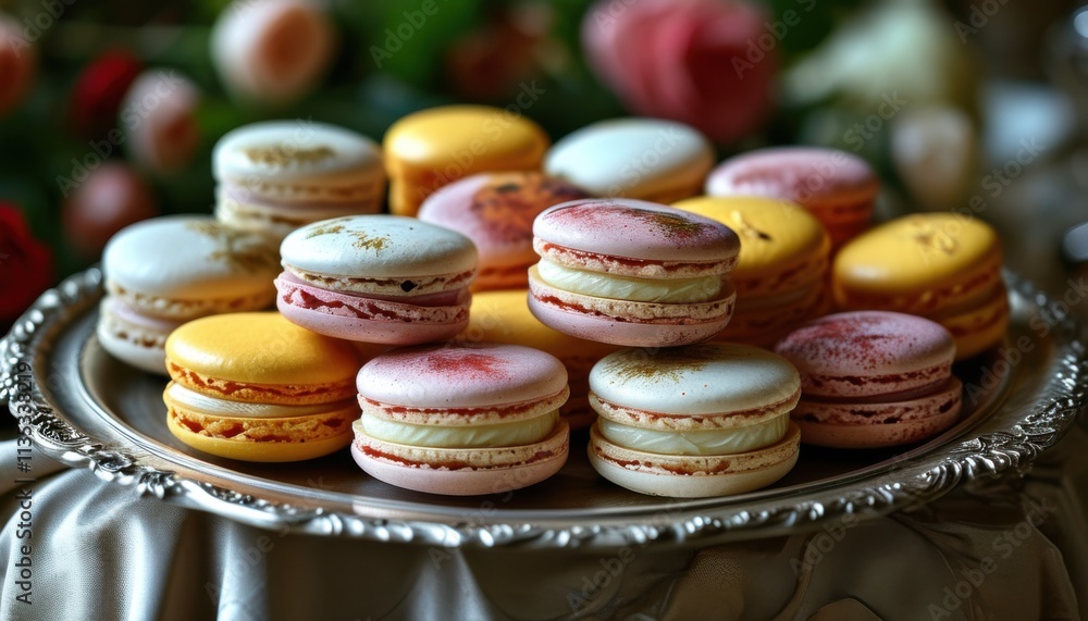Fototapeta premium Vibrant Macaron Assortment on an Ornate Silver Tray