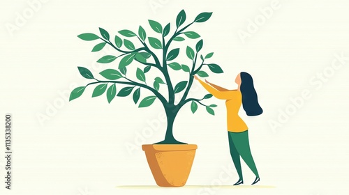   A woman next to a potted plant with a green, leafy tree sprouting from its top
