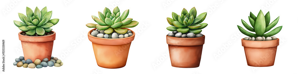Succulent plants in terracotta pots with pebbles, perfect for decor, isolated on transparent background. Succulent plants in terracotta pots with pebbles, perfect for decor, isolated on transparent background.