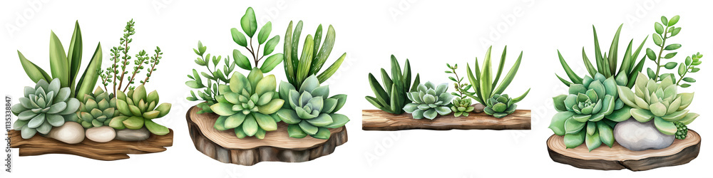 Succulent garden with driftwood accents, vibrant green plants and stones, isolated on transparent background. Succulent garden with driftwood accents, vibrant green plants and stones, isolated on transparent background.