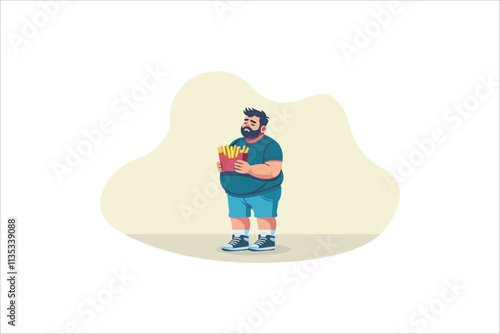 Illustration Unhealthy Lifestyle. A man eats junk food. Fat obese man eating fast food, bad habit. Vector illustration.