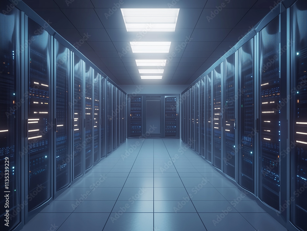 High-tech server room featuring rows of data storage units with ambient lighting in a modern facility High-tech server room featuring rows of data storage units with ambient lighting in a modern facility