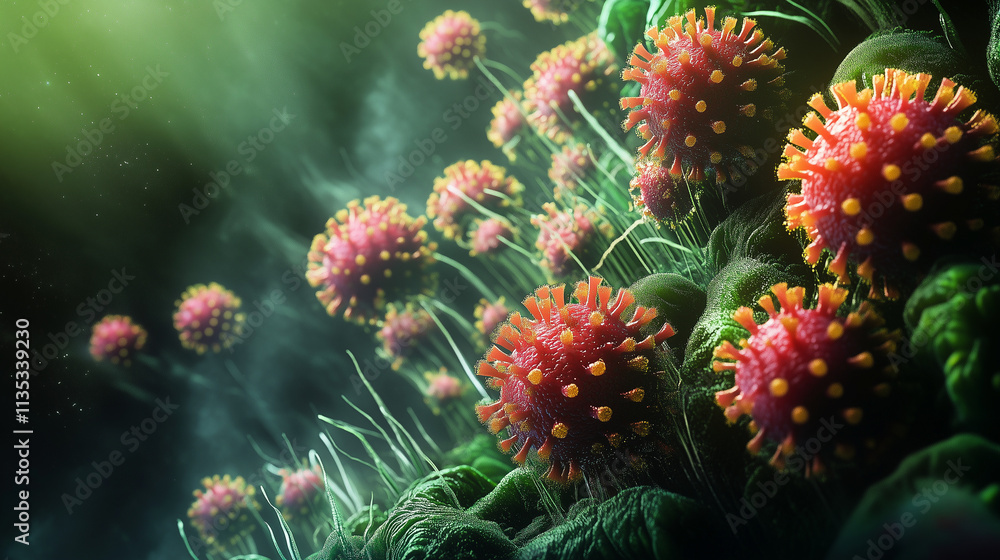 intricate close-up of virus cells attaching to surface structures in a dark, moody microscopic environment with vibrant green and red tones intricate close-up of virus cells attaching to surface structures in a dark, moody microscopic environment with vibrant green and red tones
