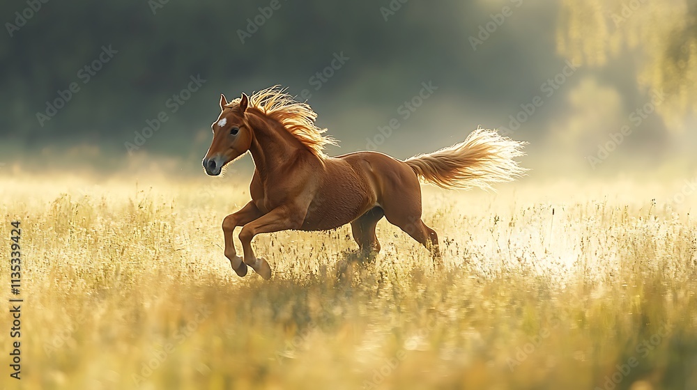Fototapeta premium Chestnut colt cantering across green meadow summer sunlight casting shadows vibrant equine beauty