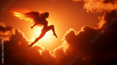 Wallpaper Mural Fiery winged woman leaping through sunset clouds. Torontodigital.ca