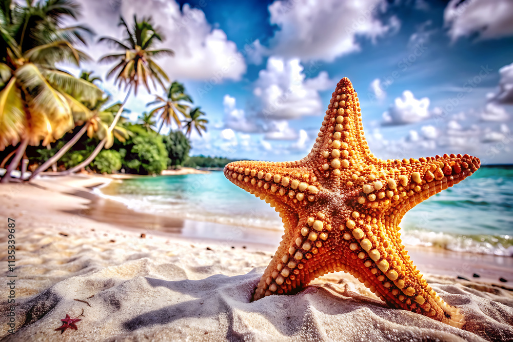 Tropical beach with sea star on sand, summer holiday background. Tropical beach with sea star on sand, summer holiday background.