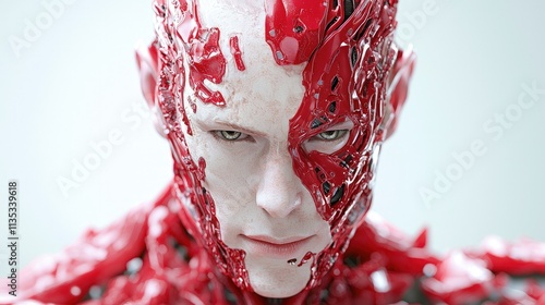 Close-up of a futuristic humanoid figure with red bio-mechanical features, intense gaze. photo