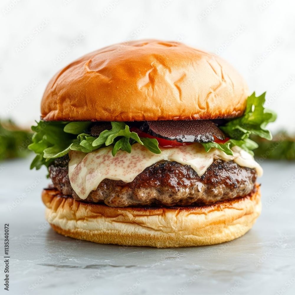 A gourmet burger with truffle toppings and a golden bun, promoting indulgence, elevated comfort food A gourmet burger with truffle toppings and a golden bun, promoting indulgence, elevated comfort food