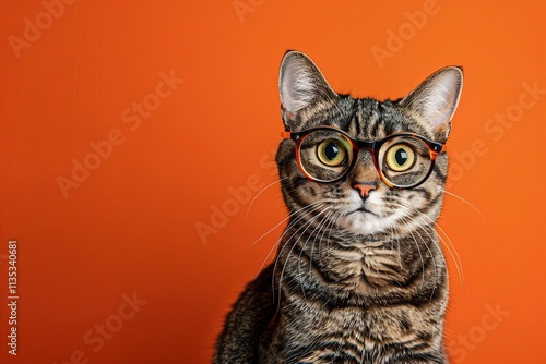 : A curious tabby cat with large, gold-rimmed glasses, sitting attentively against a solid orange background. The glasses enhance the cat???s inquisitive and alert demeanor.