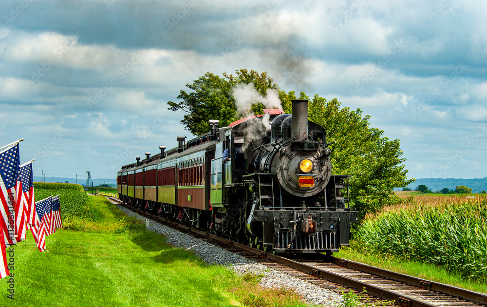 Naklejka premium A vintage steam locomotive chugs along railway tracks surrounded by lush green fields and American flags. The journey captures the charm of rural America, showcasing a beautiful day.
