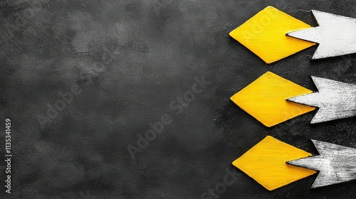   A group of arrows, yellow and white, pointing in various directions against a dark background photo