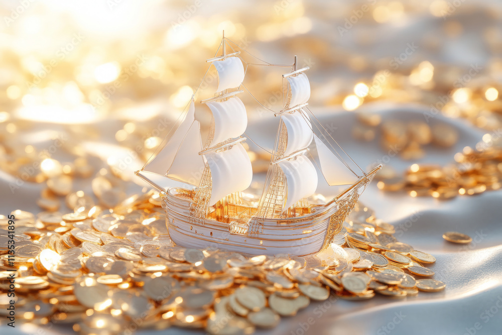 Sailing ship navigating a sea of golden coins Sailing ship navigating a sea of golden coins