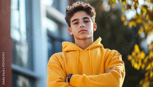 A confident teen boy in a bright yellow hoodie looks directly at the camera, arms crossed in a stance self-assurance. He ready to face any challenge ahead. photo