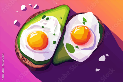 Avocado Toast with Fried Eggs: A vibrant and playful illustration of a classic brunch favorite, featuring avocado toast topped with two fried eggs. The image evokes a sense of  freshness, health.