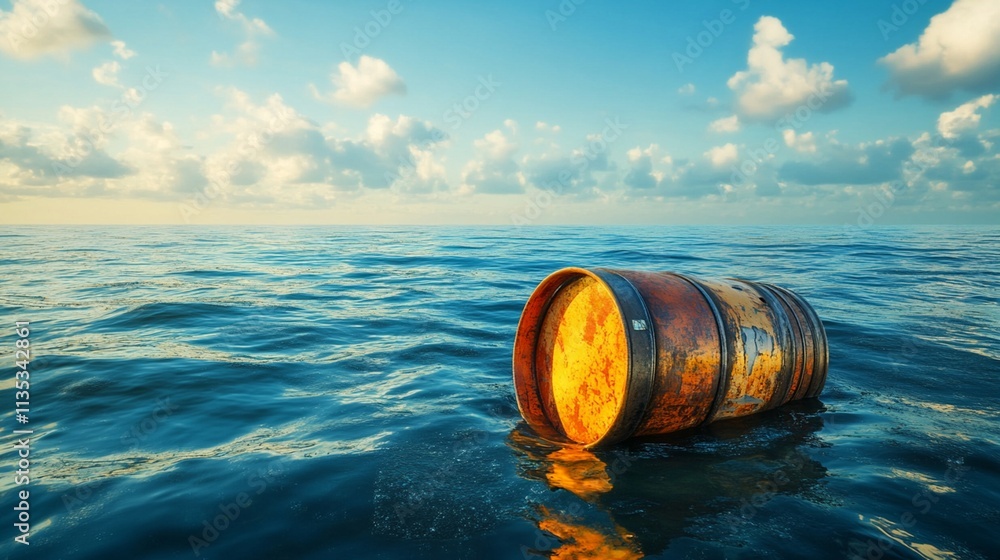 Ocean Pollution: Oil Barrel and Spilled Oil on Water Surface Ocean Pollution: Oil Barrel and Spilled Oil on Water Surface