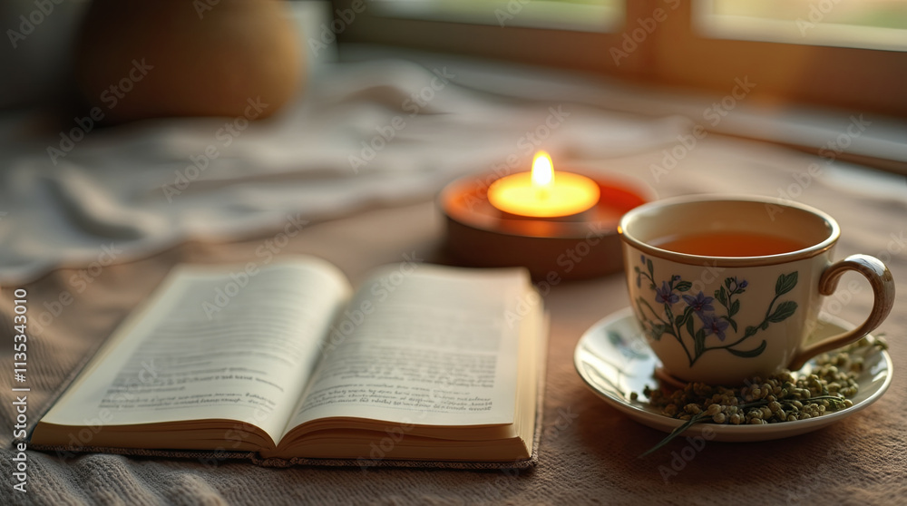 Enjoying a tranquil evening, I find myself curled up with a captivating book and a warm cup of tea beside a flickering candle, all set on a cozy table adjacent to a window that offers a glimpse of the Enjoying a tranquil evening, I find myself curled up with a captivating book and a warm cup of tea beside a flickering candle, all set on a cozy table adjacent to a window that offers a glimpse of the