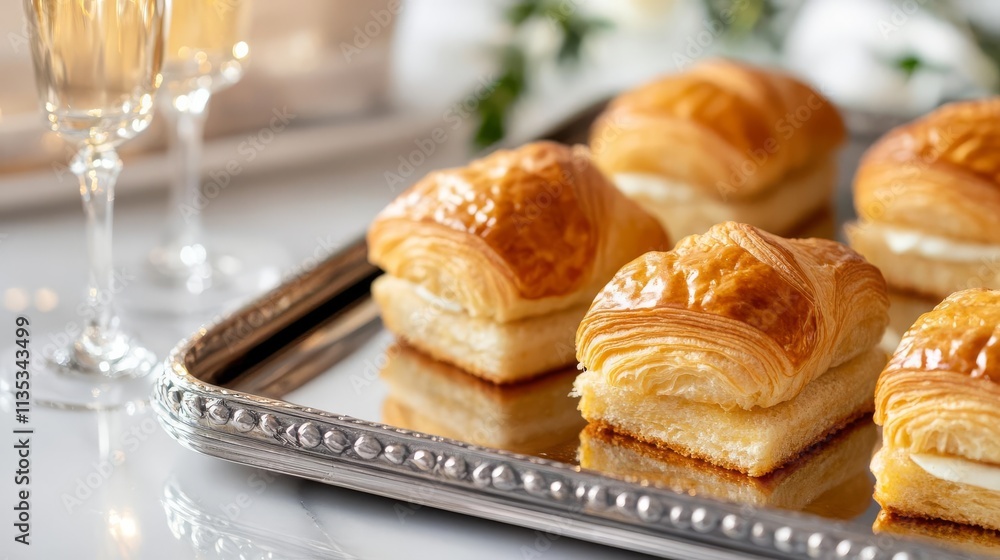 Golden croissant sandwiches on a polished silver tray, promoting indulgence, elegant dining Golden croissant sandwiches on a polished silver tray, promoting indulgence, elegant dining