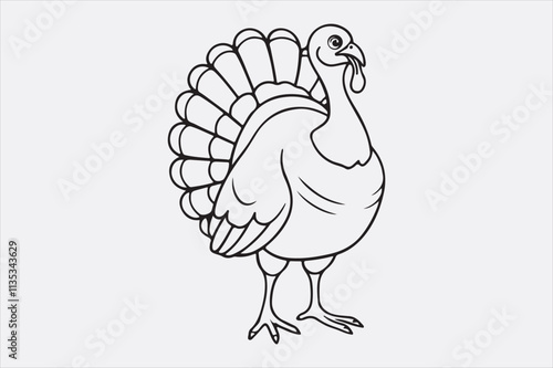 A black and white line art illustration of a turkey standing upright.